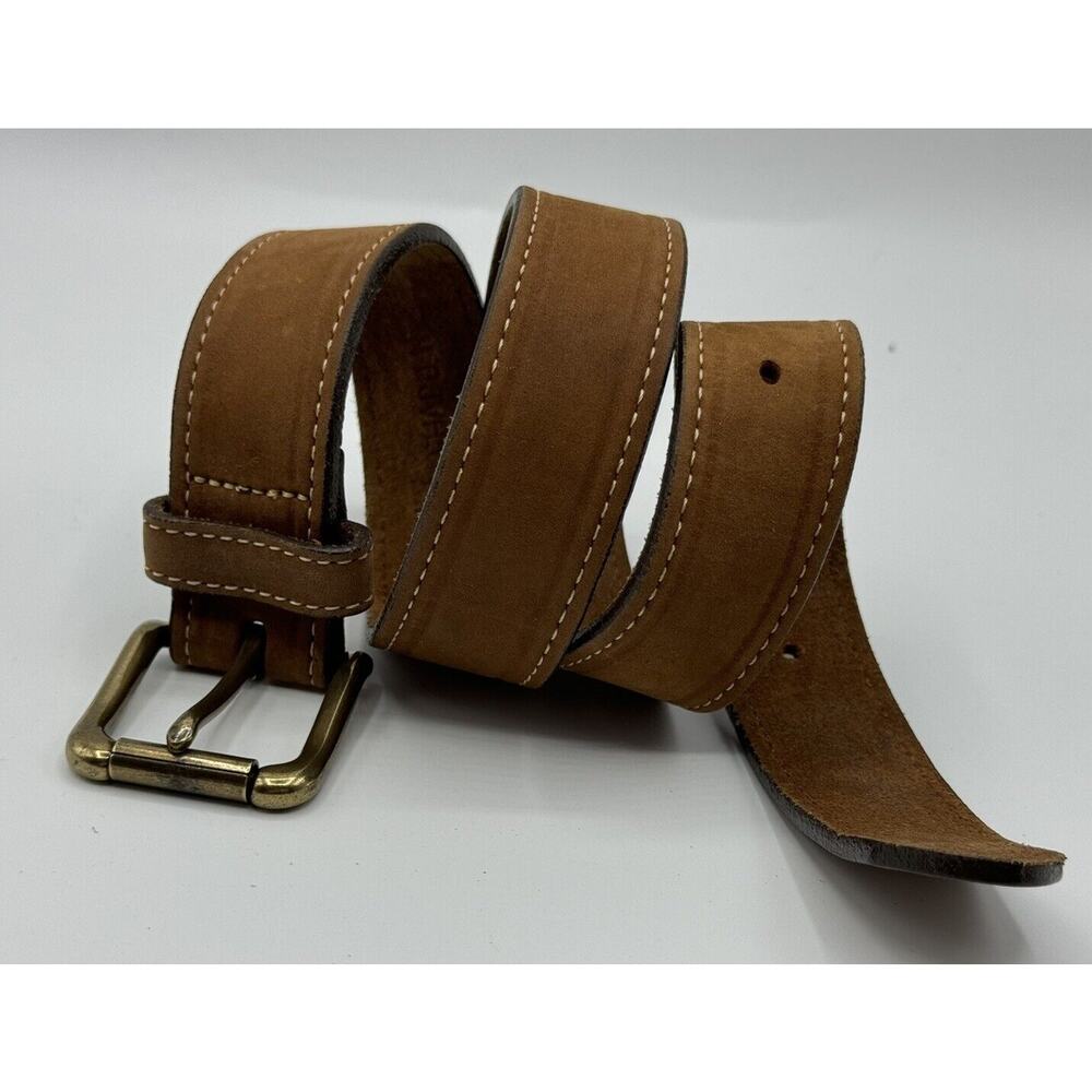 L.L.Bean Belt Brown Tan Nubuck Leather Strap Brass Buckle Size 26 Made In USA